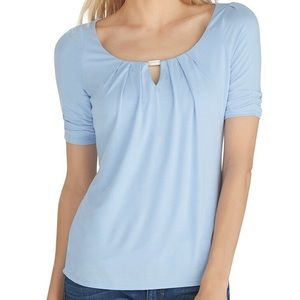 White House Black Market WHBM Pastel Blue Keyhole Half Sleeve Shirt Small S